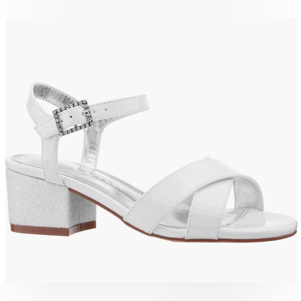 Nina KIDS Valentin Ankle Strap Sandal, Size 3M / EUR 34, White Patent/ Glitter